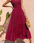 Red color Women's Braces Skirt Pleating Stitching A- Line Large Hem Dress