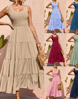 A collage of images showcasing a women's sleeveless midi skirt in various colors, including beige, black, red, blue, and purple, with a large hem and pleated stitching detail.