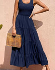 Blue color Women's Braces Skirt Pleating Stitching A- Line Large Hem Dress