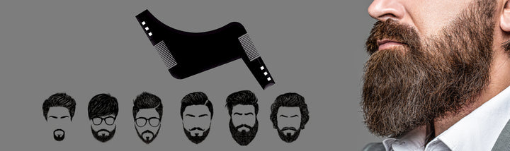 Beard grooming guide with illustrations of different beard styles and a comb on a gray background.