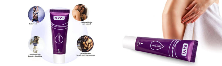Purple cream tube with application examples on a white background